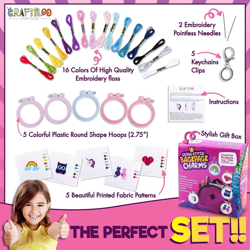 CRAFTILOO Cross Stitch Kits For Beginners. 5 Stamped Cross Stitch Kits for Kids.Needlepoint Kits For Beginners. Embroidery Kit For Kids. Crossstitch Kit For Beginners. Girls cross stitch kit Backpack Charms - Image 2